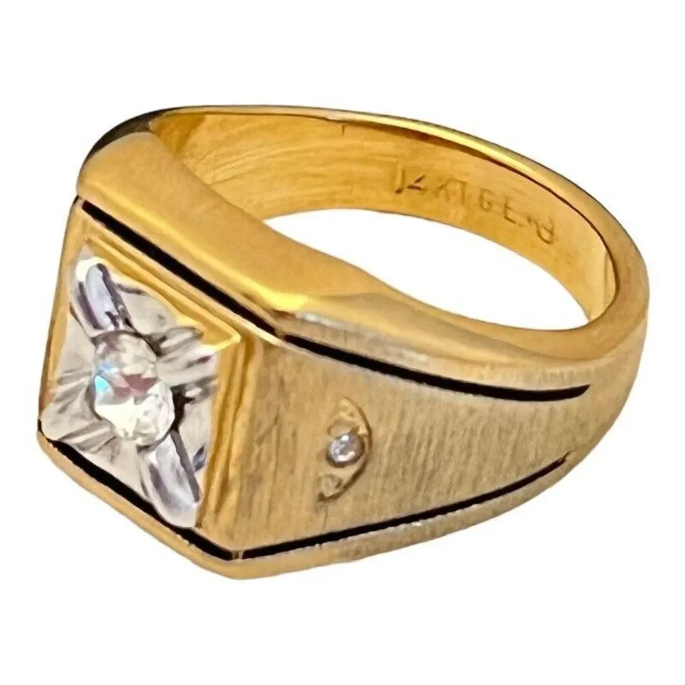 Vintage 1970s Ring Size 12 Uncas CZ Square Bezel Textured Gold Plated - 14O